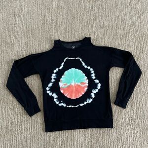 Volcom black crewneck sweatshirt with cutouts on the shoulder